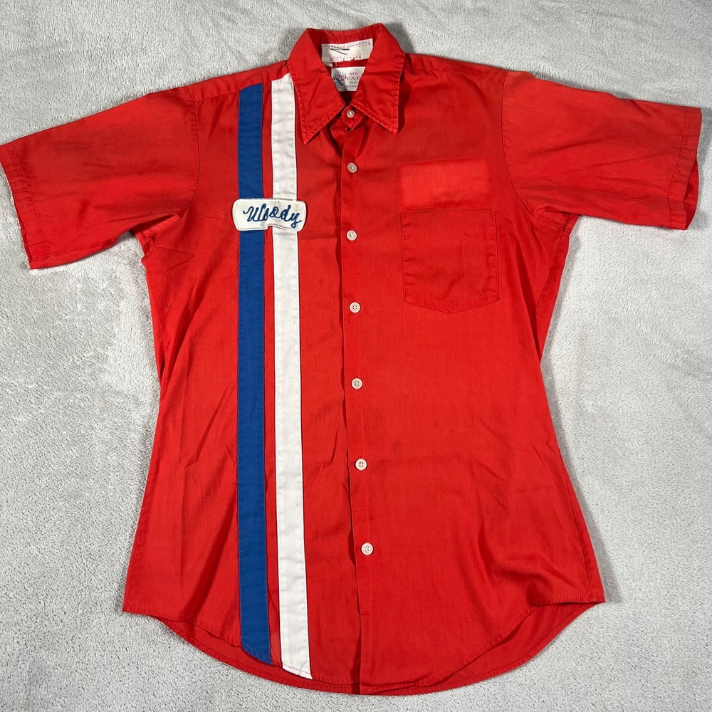 Vintage Red Kap Mr Exec Work Shirt Red Woody Name Patch Racing Stripe Mens Small